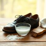 A pair of polished black dress shoes beside a bowl of soapy water, a brush, and a cloth, with salt scattered nearby, indicating a shoe cleaning process.