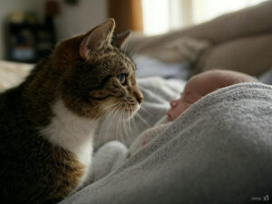 cat with baby in towel