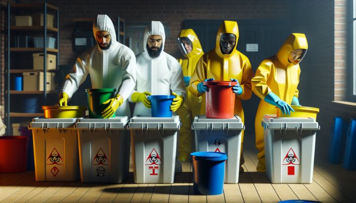 Team in hazmat suits organizing hazardous waste into labeled containers during home clearance.