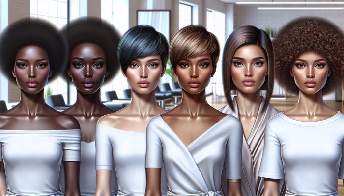 Women showcasing short hairstyles customized to their unique face shapes in a stylish salon setting.