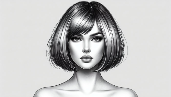 Woman with an oval face sporting a blunt bob with sharp lines, a chic modern vibe, subtle layers, and side-swept bangs.