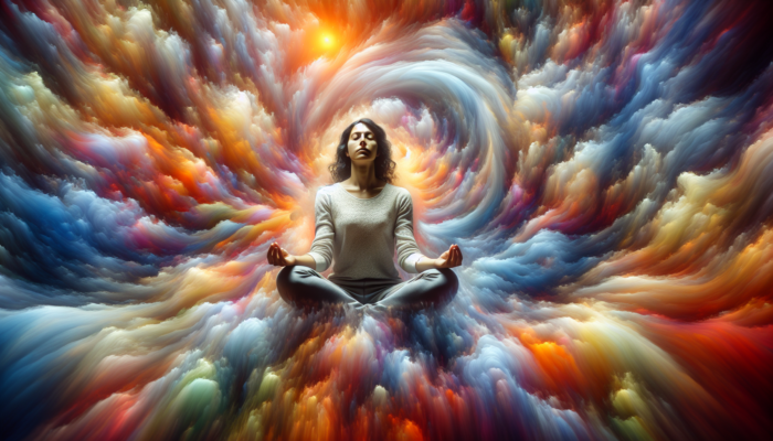 A person meditating calmly amidst chaotic swirling colors, symbolizing mental clarity during a crisis.