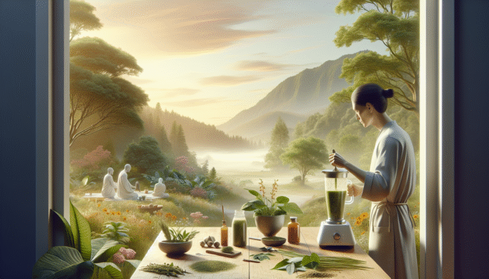 Person blending adaptogenic herbs into smoothie in nature, symbolizing wellness integration.