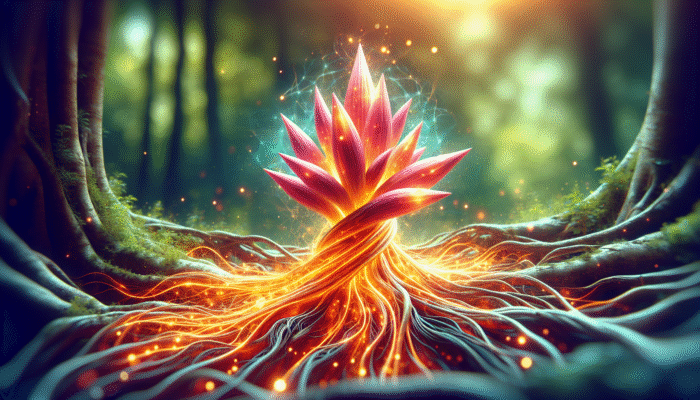 A vibrant blend of ashwagandha and rhodiola roots symbolizing synergy and enhancing mental and physical health.