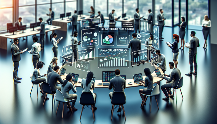 Debt Consolidation Loans With No Collateral: Your UK Guide | DCL A diverse group in a modern UK office exploring no collateral debt consolidation loans with financial documents and screens.