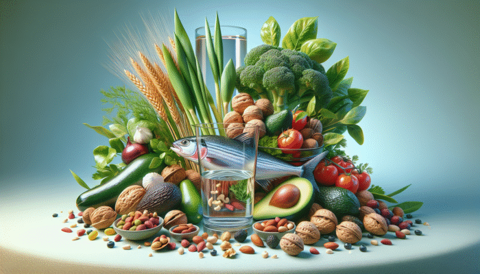 A still-life of nuts, fish, leafy greens, avocados, and water, showcasing nutrients for hair health.