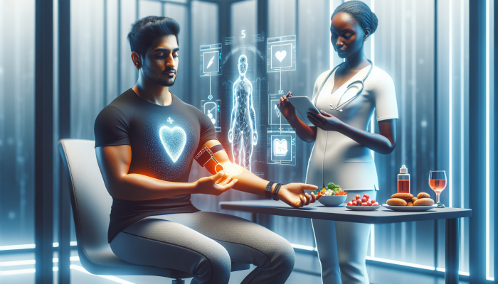 Diabetes Blood Test in Dumbarton: Person with diabetes analysing glucose data on smart device, adjusting diet and medication with healthcare provider.