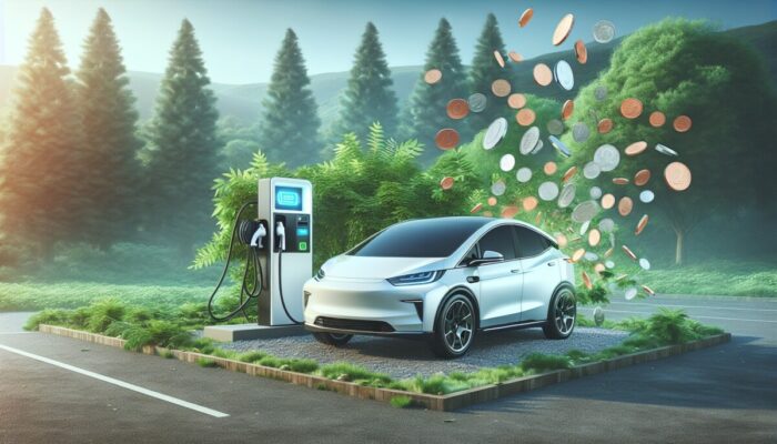 A modern electric car at a charging station amidst greenery, showcasing substantial cost savings.