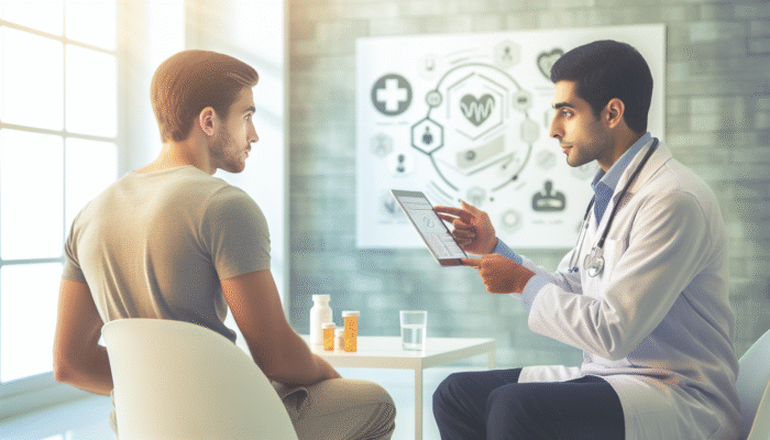 A man discussing personalized supplement options with a healthcare provider in a clinic.