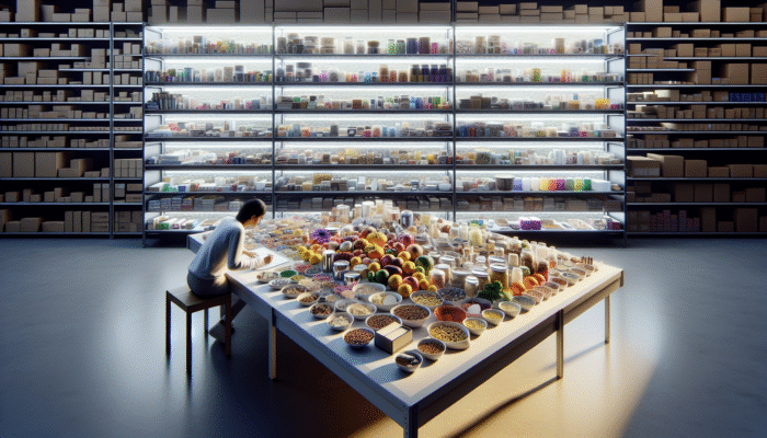 Organizing various items into labeled categories with neatly sorted shelves around.