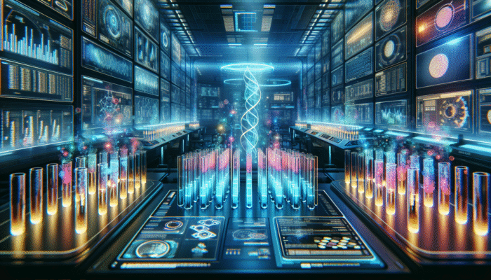 A futuristic laboratory featuring glowing test tubes and digital displays showing protein absorption data.