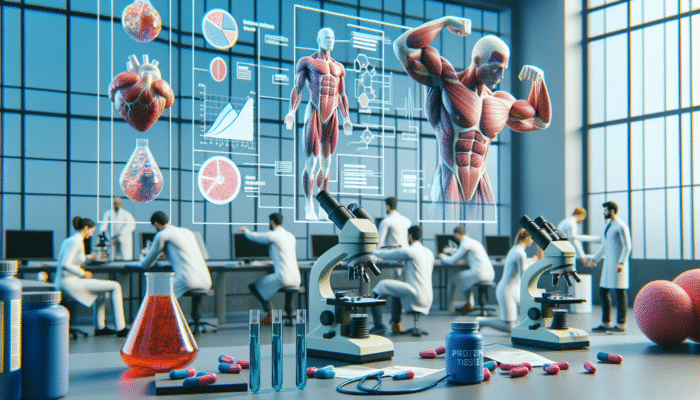Researchers inspecting muscle tissue samples under microscopes, with charts and protein supplements nearby.