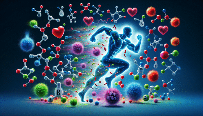 Colorful BCAA molecules enhancing athlete's immune system, surrounded by health symbols.