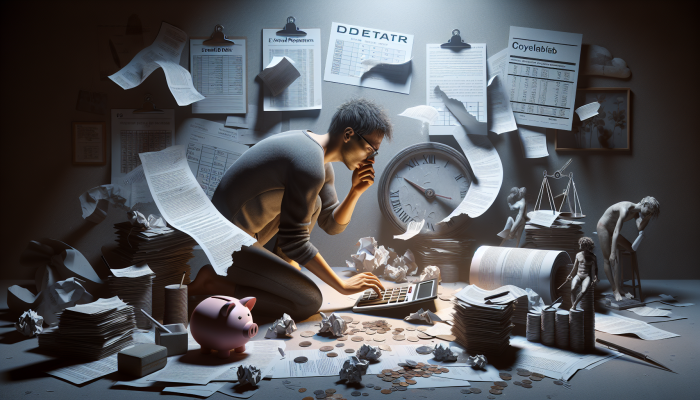 Understanding Debt Consolidation's Impact on Future Loans | DCL Individual in a dimly lit room, surrounded by financial documents, anxiously calculating extended debt repayment on a calculator, calendar indicating prolonged dates.