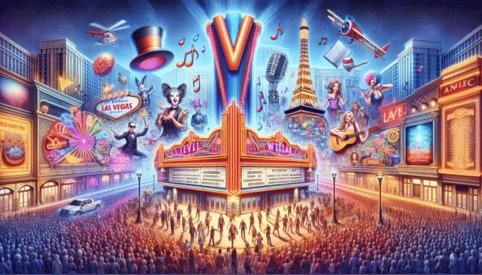 A lively Las Vegas mall featuring V Theater, offering a variety of live performances including magic, music, and comedy.