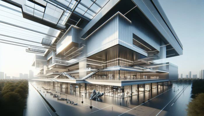 Luxurious mall showcasing sleek lines, expansive glass facades, and contemporary art installations illuminated by natural light.