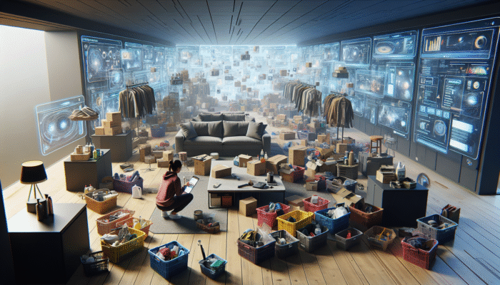 Individual organizing and packing items into labeled boxes in a cluttered living room for house clearance.