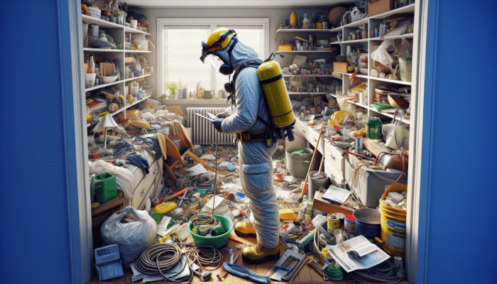 Person in safety gear navigating a cluttered house, assessing risks for safe clearance.