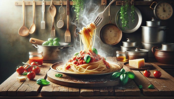 A steaming plate of spaghetti topped with marinara sauce, fresh basil, and grated parmesan, set in a rustic Italian kitchen ambiance.