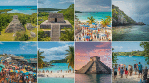 A captivating collage comprising eight images that showcase ancient Mayan ruins, busy beaches, clear turquoise waters, a vibrant marketplace with colorful umbrellas, tourists enjoying their time, and lush tropical landscapes under Belize's characteristic sunny and partly cloudy skies.