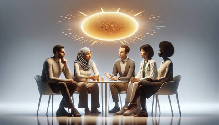 A diverse group of individuals consulting healthcare providers about the necessity of vitamin D testing due to various risk factors.