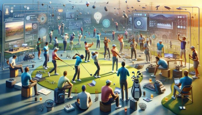 South African golfers utilizing laptops and smartphones, participating in a community forum with local expert support for swing analysis.
