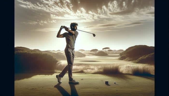 Golfer swinging on a South African course at mid-morning with optimal lighting and a simple background.