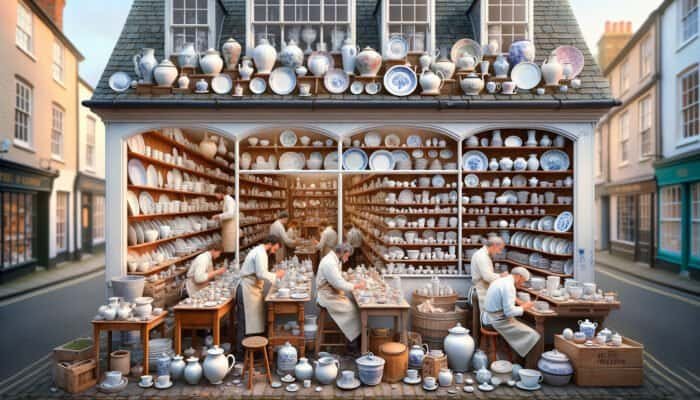 A welcoming East Calder porcelain repair shop with artisans diligently restoring ceramics, providing personalized consultations.
