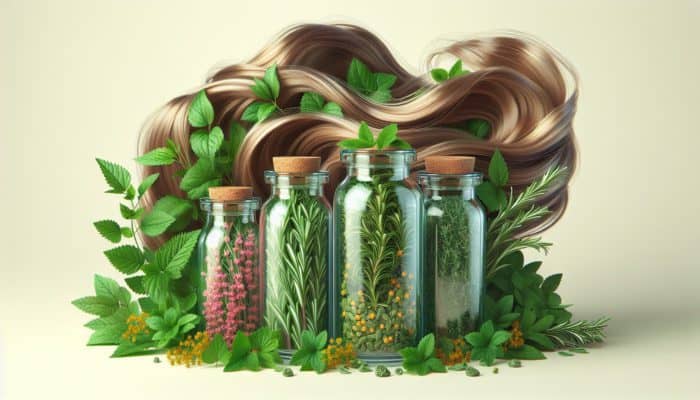 Herbs like rosemary, nettle, and chamomile in jars, surrounded by lush leaves and flowing, shiny hair.
