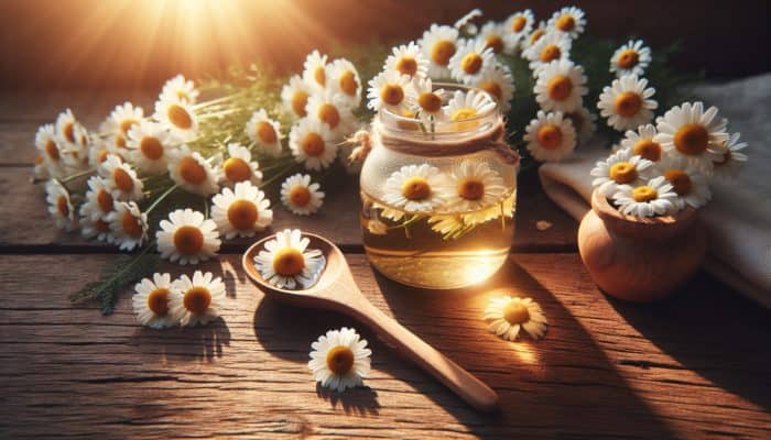 Blonde hair glistening under natural light, surrounded by chamomile flowers in a serene atmosphere.