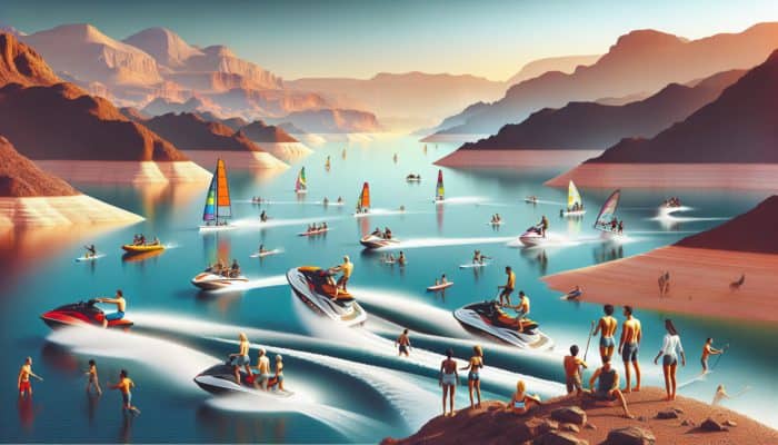 People enjoying jet skiing and paddleboarding at Lake Mead amidst a backdrop of desert and clear blue skies.