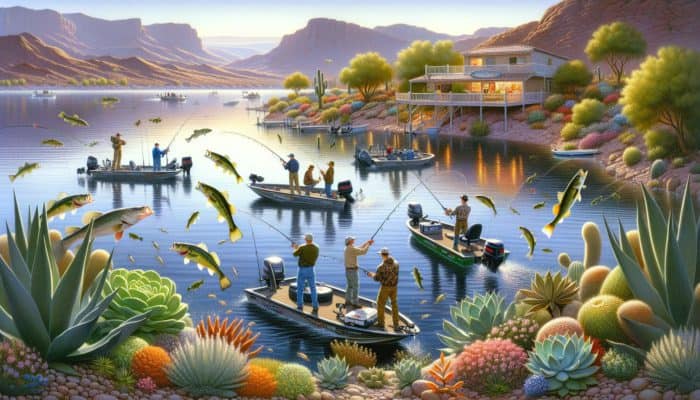 Anglers fishing at Lake Mead at dawn from boats and shore, with bass, trout, and catfish visible.