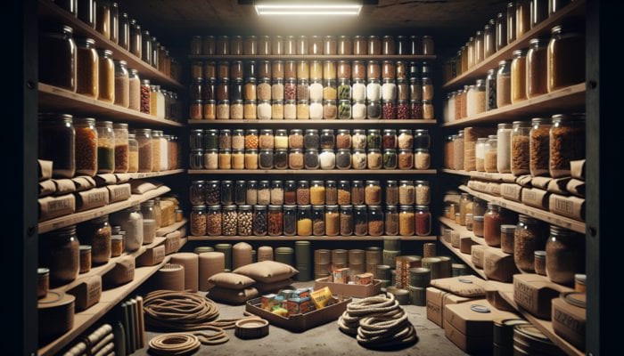 A well-organized pantry in a bunker featuring labeled jars, cans, and vacuum-sealed bags of food, with survival gear visible.
