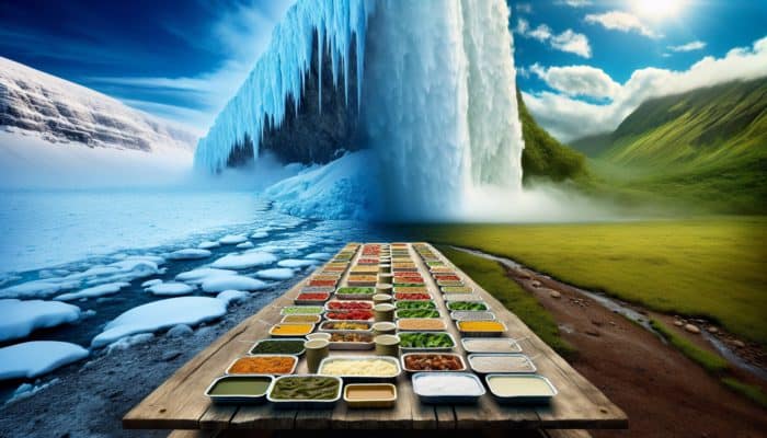 MREs displayed on an outdoor table, with Arctic tundra and Amazon basin in the background, showcasing their use in extreme environments.