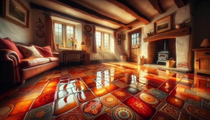 A beautifully polished terracotta floor in a cozy UK cottage, radiating light and enhancing the inviting atmosphere.