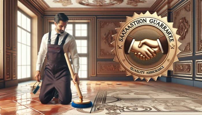 Professional polishing terracotta floor with a guarantee certificate displayed, symbolizing trust and quality.