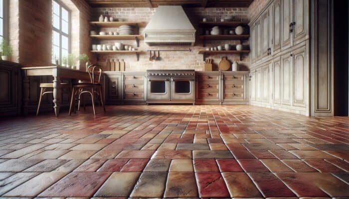 Durable, unglazed quarry tiles in rich red and brown tones on a rustic kitchen floor, featuring slip-resistant and timeless qualities.
