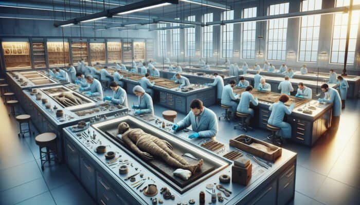 A visual of conservators restoring an ancient artifact in a modern lab using advanced tools.