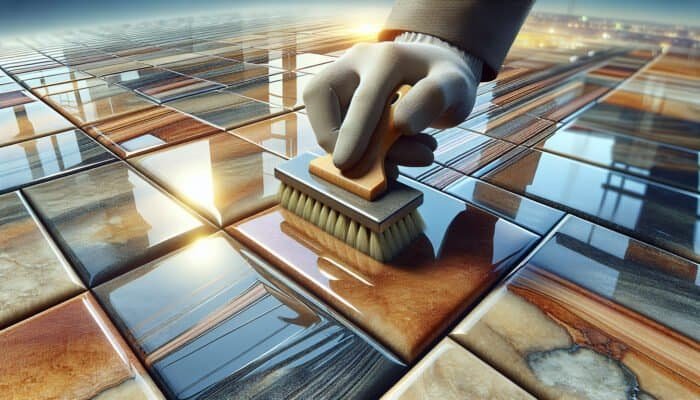 Newly sealed quarry tiles featuring a glossy finish, enhancing their natural colors and textures.