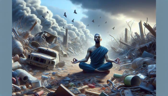 A calm individual meditating in a chaotic, post-apocalyptic environment, utilizing deep breathing for mental stability.