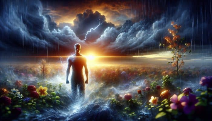 A person standing resiliently in a storm, surrounded by symbols of growth, demonstrating optimism and adaptability.