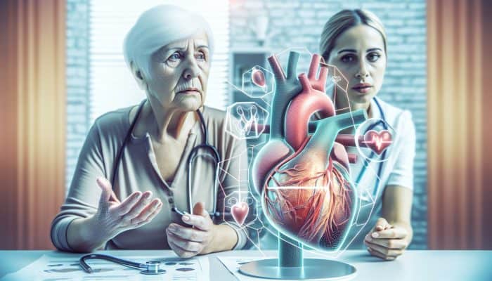 Heart Disease Prevention for Women: An elderly woman and doctor discussing heart health, focusing on menopause effects.
