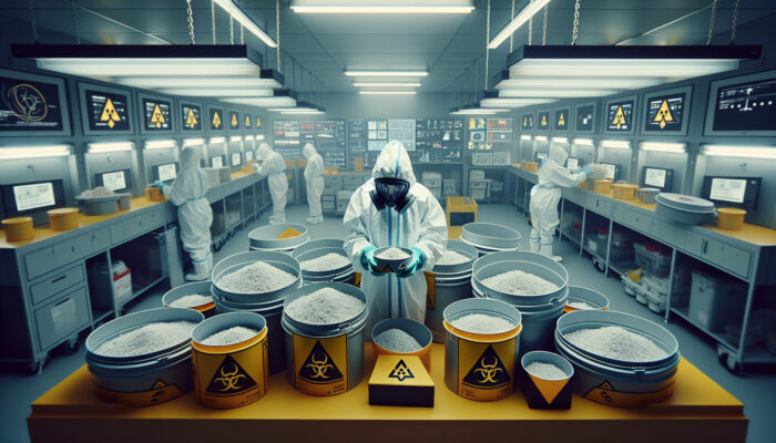 Individual equipped with protective gear managing asbestos, surrounded by labeled hazardous waste containers in a controlled environment.