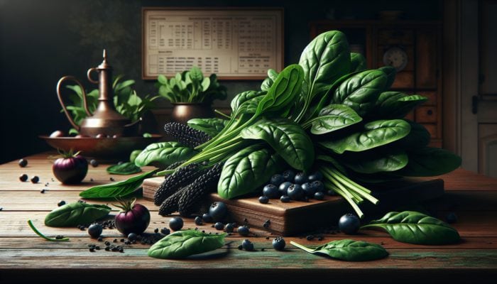 Fresh spinach and dark leafy greens highlighted in a rustic kitchen, showcasing their iron content for vegetarian diets.