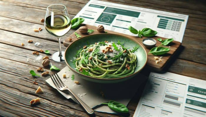 Al dente pasta tossed with vibrant green arugula and spinach pesto, topped with Parmesan and nuts.