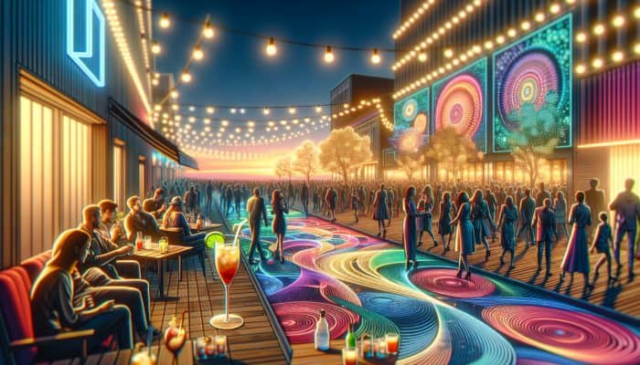 A lively LINQ Promenade at dusk filled with crowds, cocktails, performers, and vibrant installations.