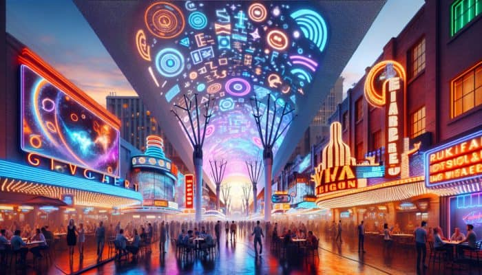 Fremont Street at dusk adorned with neon lights, the Viva Vision screen, and patrons enjoying drinks at outdoor bars.