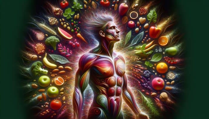 A radiant individual with glowing skin surrounded by healthy foods, symbolizing Whole30 benefits.
