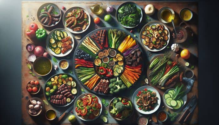 A colorful Whole30 meal plan featuring Mediterranean and Asian dishes on a rustic table.