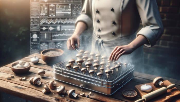 A chef preparing mushrooms for smoking: slicing, seasoning, and arranging them on a smoker rack with rising smoke.